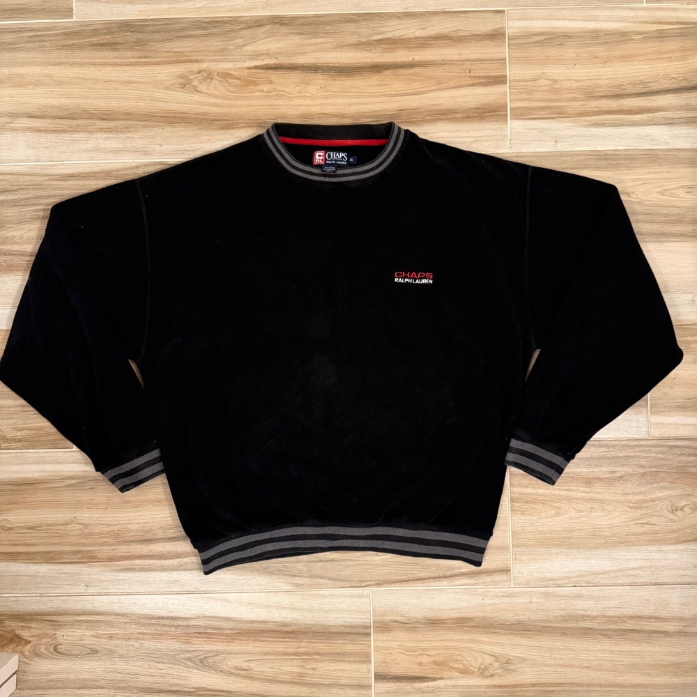 Vintage Chaps Ralph Lauren Fleece Sweatshirt Mens XL Black Striped Trim Crewneck